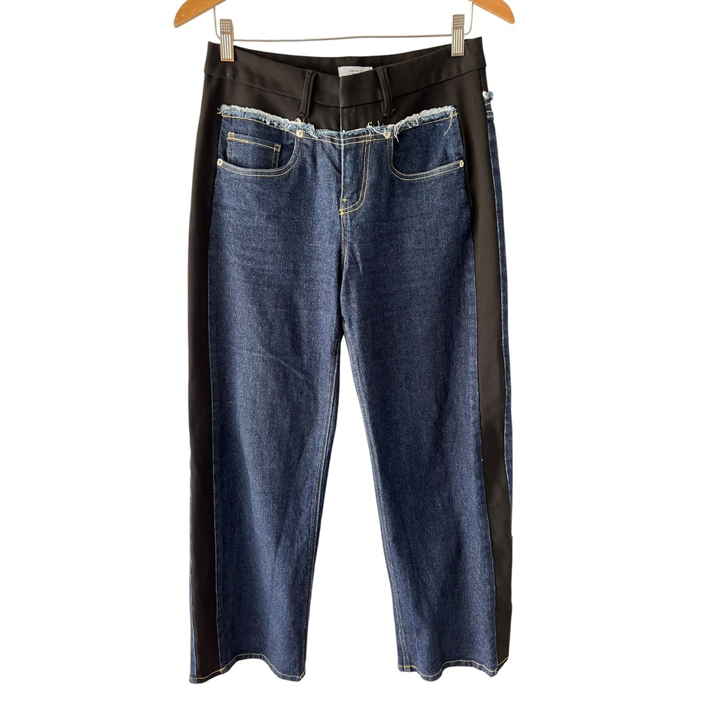 Forever 21 Premium Colorblock Jeans Womens 28 Dark Wash Straight Raw Hem Denim